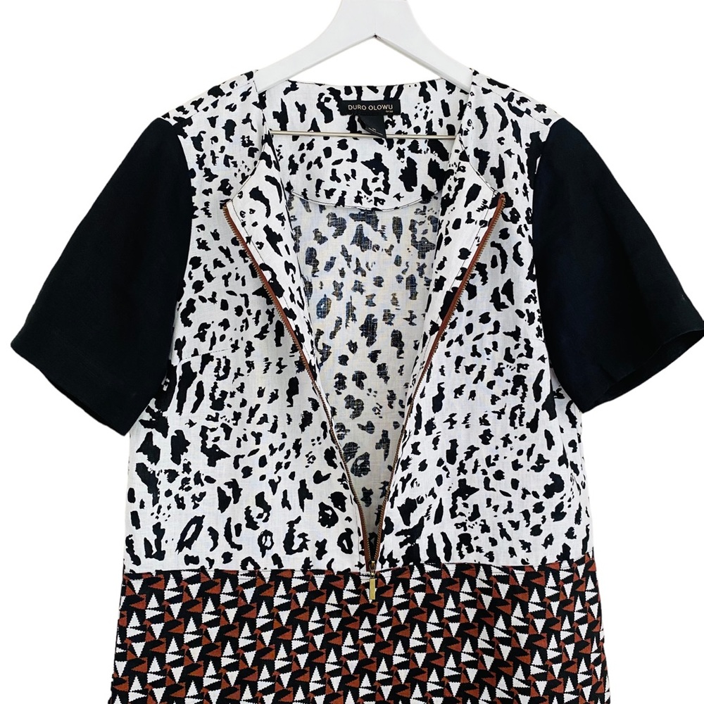 Duro Olowu 100% Linen Black & White Mixed Print Short Sleeve Zipper Dress Medium - Picture 5 of 9
